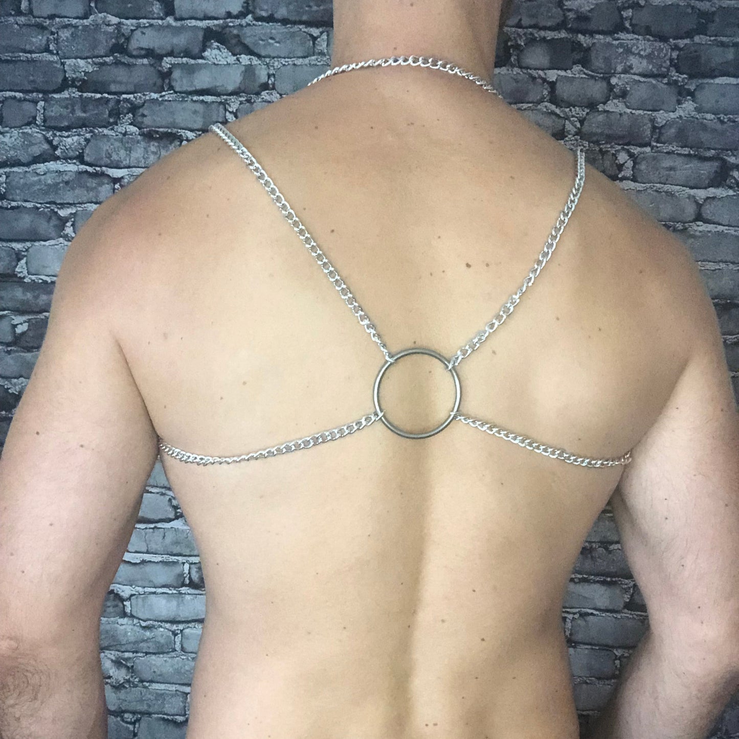 Mens Silver Chain Harness with optional clip on chest loops by cheeky boy harness.