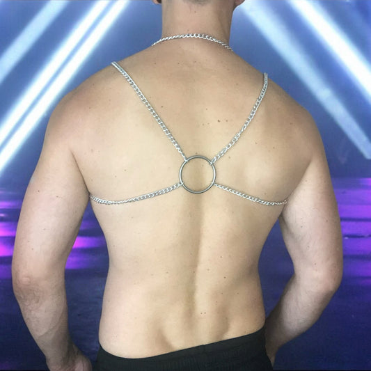 Mens Silver Chain Harness with optional clip on chest loops by cheeky boy harness.