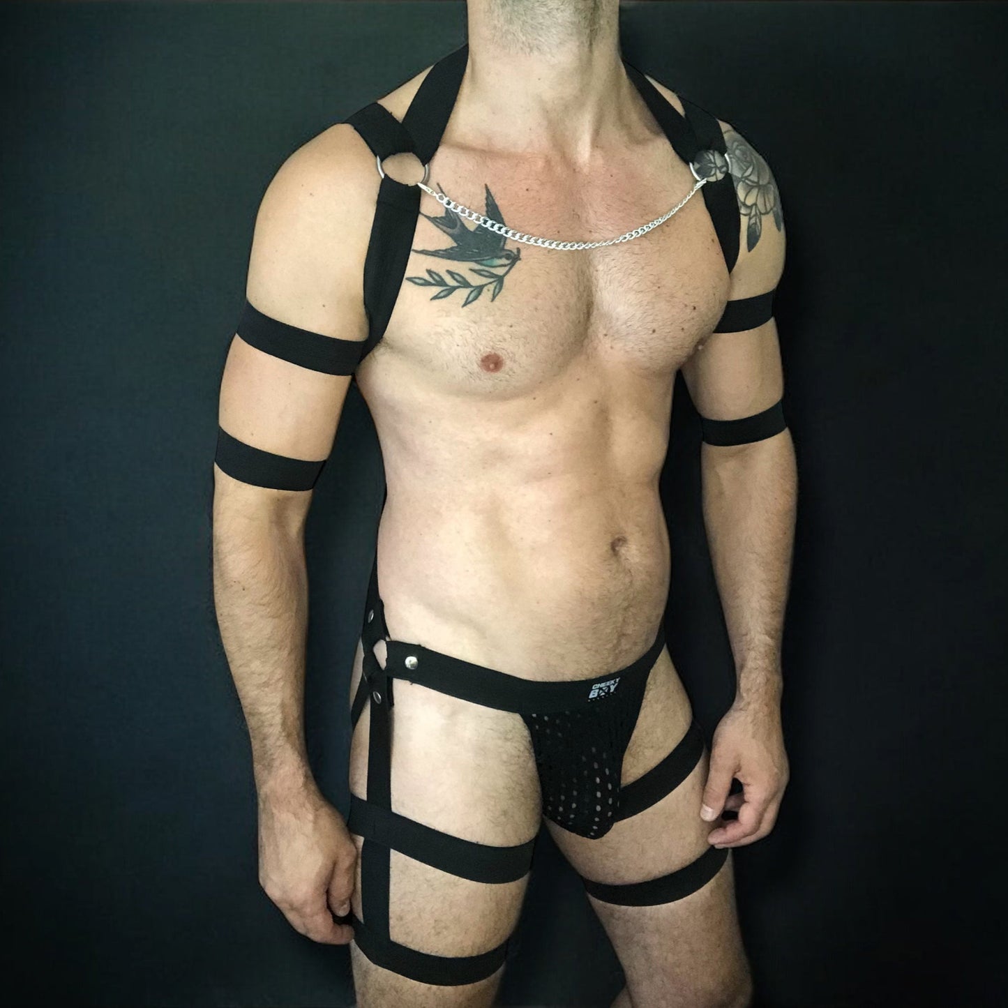 Men’s Full Body Interchangeable Harness with Jockstrap & Chains - Black