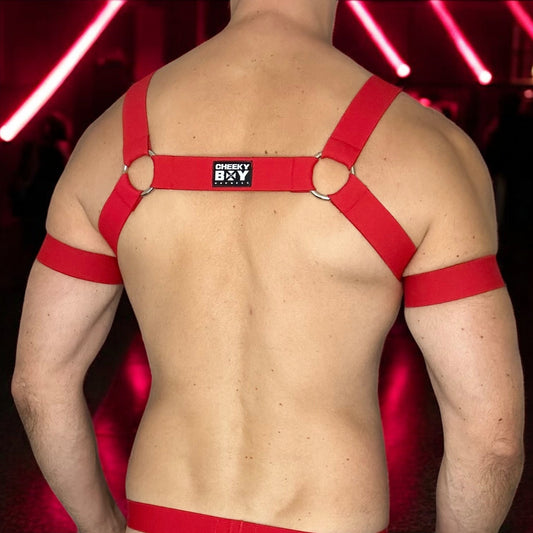A model wearing a made-to-measure red elastic body harness by CheekyBoyHarness with silver metal rings across the chest and torso. The outfit includes matching red armbands and leg straps, styled with a black mesh jockstrap. Photographed in a red-lit club hallway, perfect for gay festival or nightlife fashion