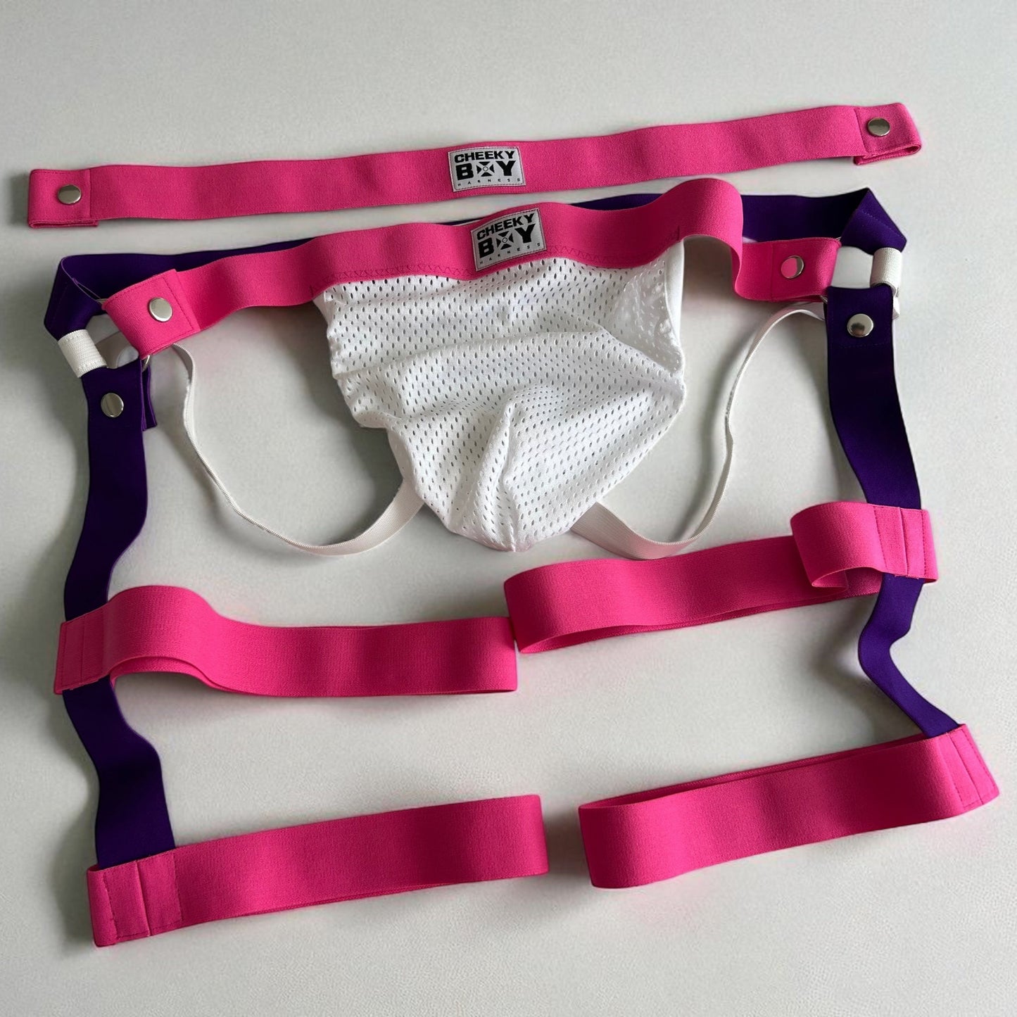 Double banded Thigh Strap Shorts in Pink & Purple with white mesh pouch by cheeky boy harness