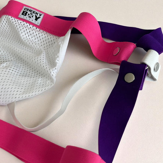 Double banded Thigh Strap Shorts in Pink & Purple with white mesh pouch by cheeky boy harness