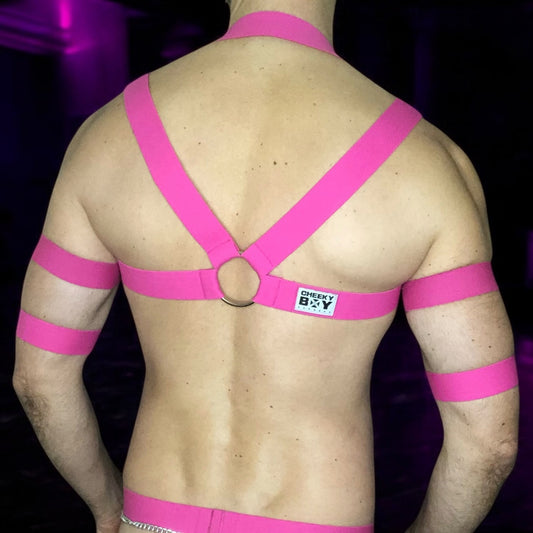 Model wearing a hot pink elastic chest harness with silver chains on chest and waistband, matching bicep bands, and a black mesh jockstrap with pink waistband by Cheeky Boy Harness.