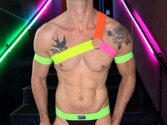 Multicolour Neon Spartan Style Chest Harness with Bicep Bands