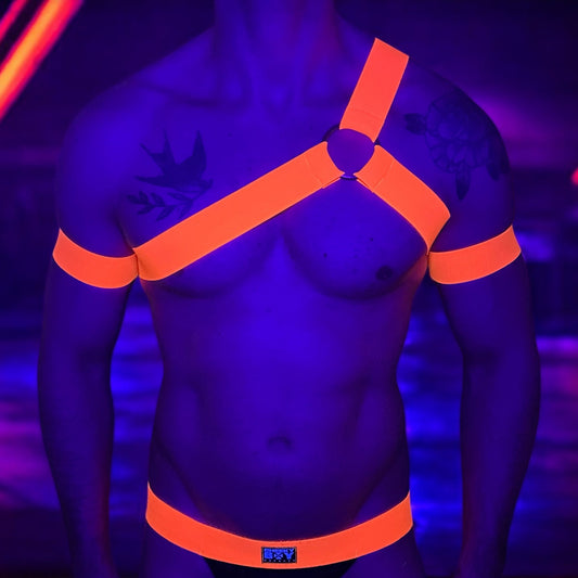 Mens Spartan Style Chest Harness with Bicep Bands - Neon Orange