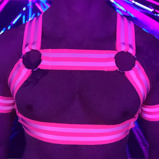 Men's Hi-Vis Reflective Chest Harness with Bicep Bands - Neon Pink