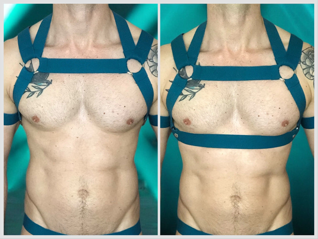 Beginner wearing a made-to-measure elastic body harness with interchangeable straps by Cheeky Boy Harness.