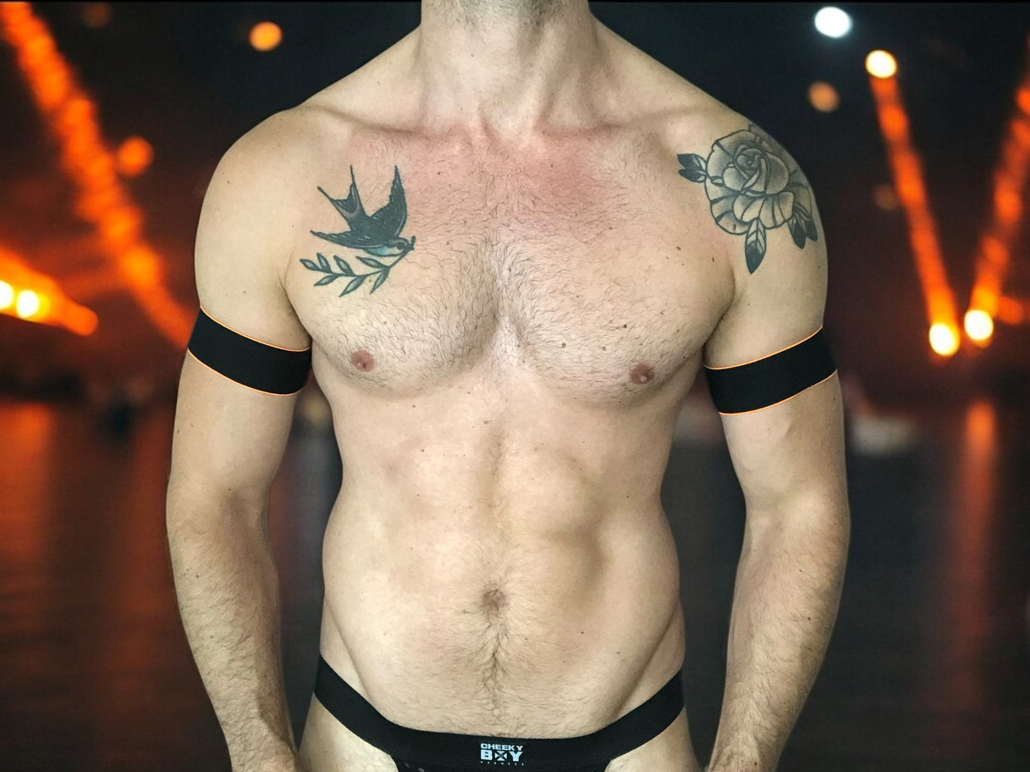 Black elastic Bicep Bands and matching Harness accessories by Cheeky Boy Harness.