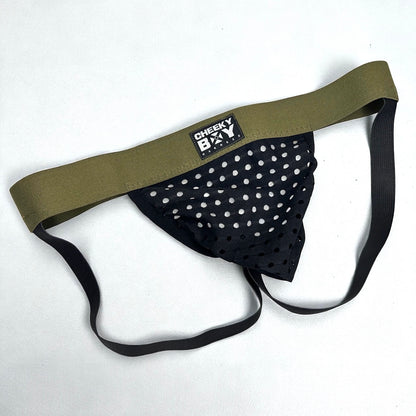 Men’s black mesh jockstrap with army green elastic waistband, featuring a Cheeky Boy Harness brand logo at the centre. Wide shot. 