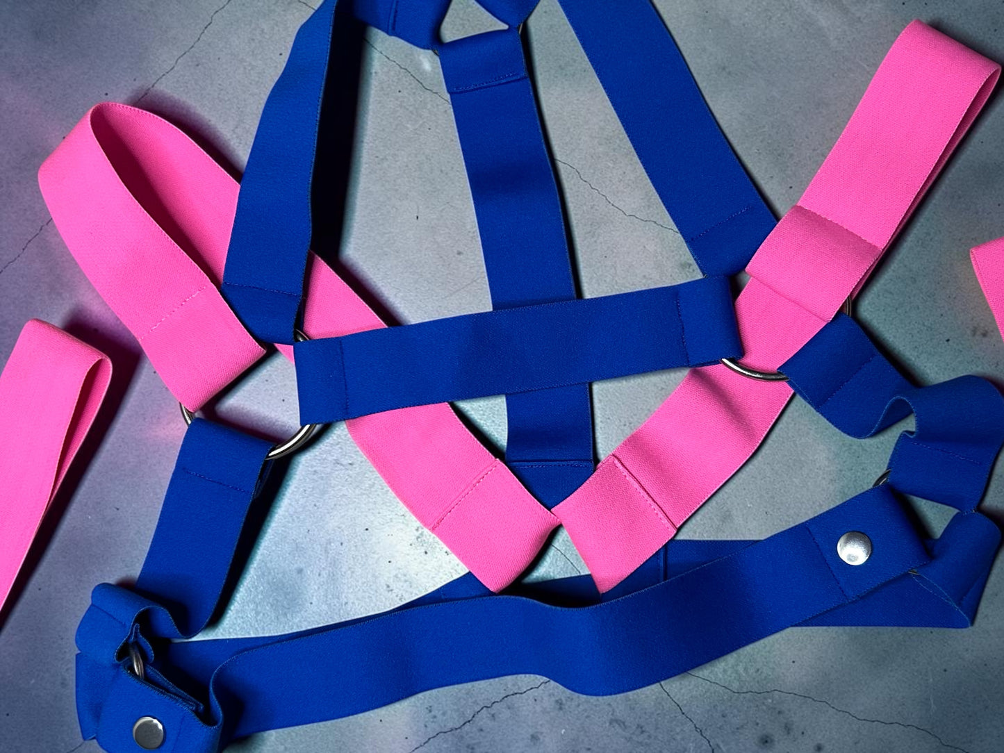 Flat lay of the royal blue men’s chest harness set with Neon Pink shoulder sections, matching bands, metal rings and removable lower strap.
