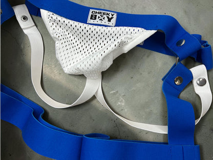 Royal blue harness shorts with optional white mesh clip-on jockstrap pouch
