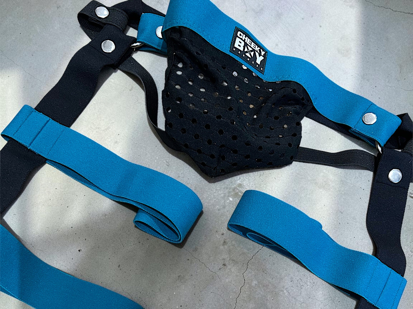 Teal harness shorts with contrasting black mesh jockstrap pouch
