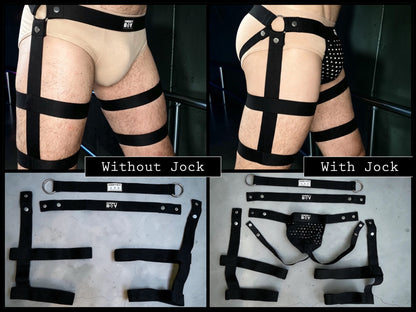 Comparison collage showing the detachable black lower Harness without a Jockstrap and with the optional black Mesh Jockstrap, both worn and laid flat.
