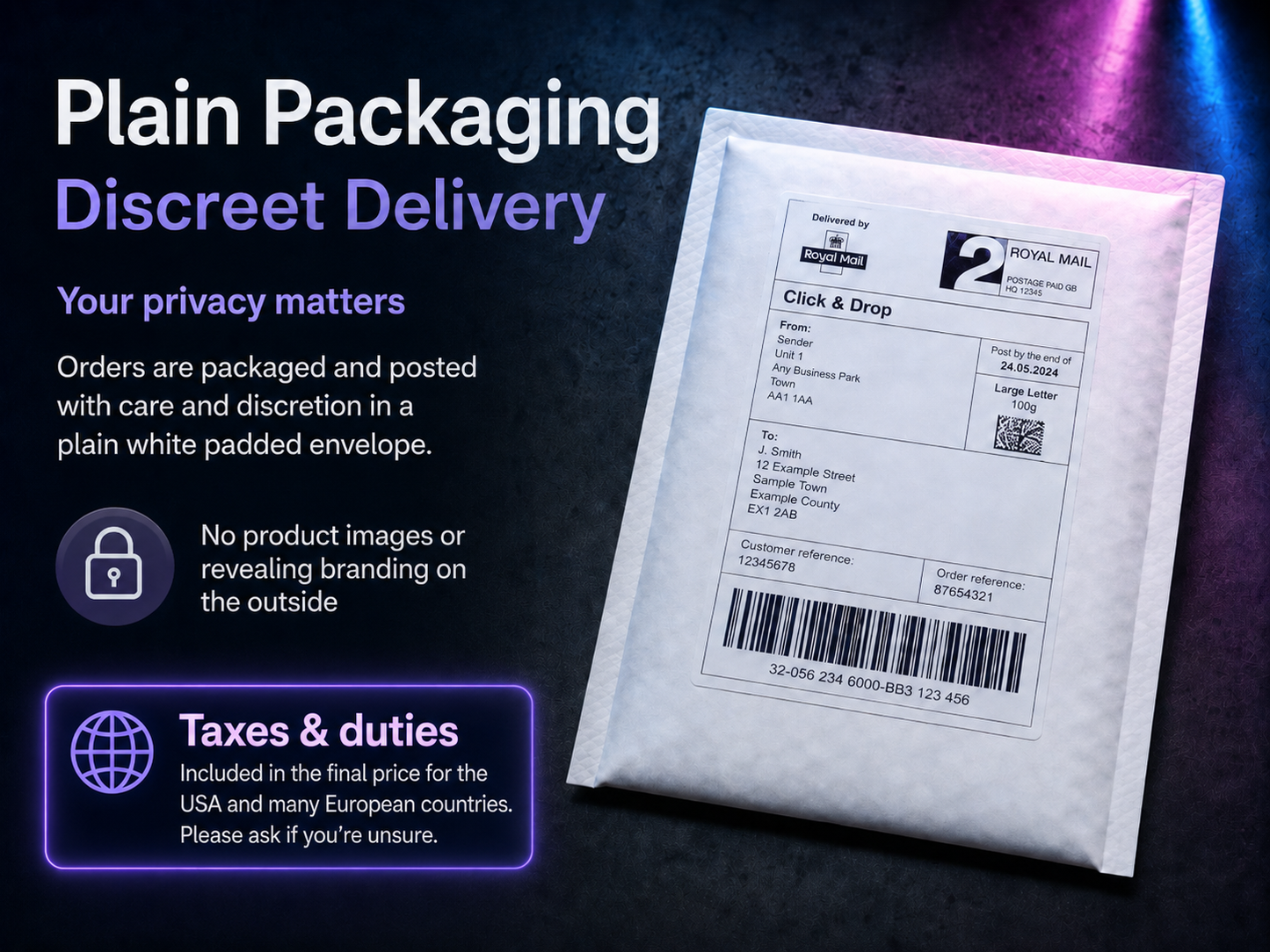 Discreet delivery infographic showing the plain padded packaging used for orders, with no product images or revealing branding on the outside.