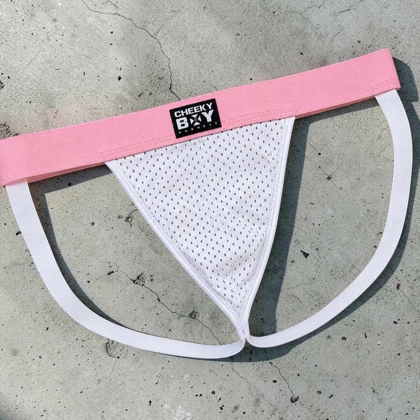 Trans Jockstrap, FTM Flat Pouch, Pink & White Mesh