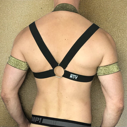 Model wearing a custom-made black & gold elastic body harness with metal rings and matching jockstrap by Cheeky Boy Harness. Includes gold bicep bands and leg straps, designed for clubwear, fetish events, and festivals