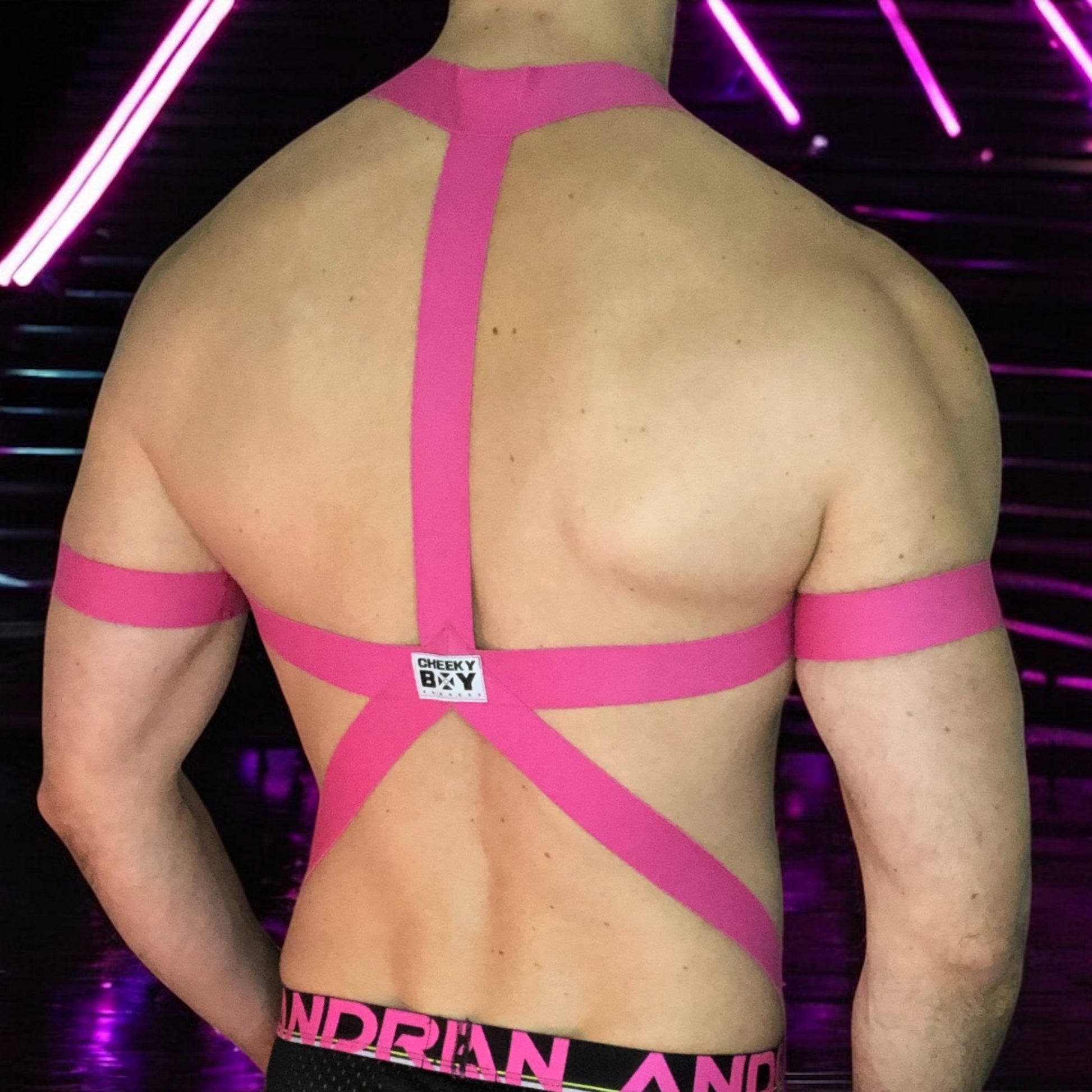 Model wearing a custom hot pink elastic body harness by Cheeky Boy Harness, featuring a silver chest ring, matching bicep bands, and thigh straps, styled with a pink mesh jockstrap.
