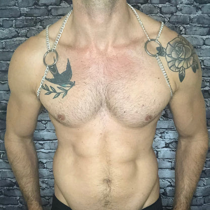 Mens Silver Chain Harness with optional clip on chest loops by cheeky boy harness. 