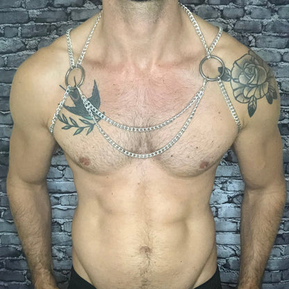 Mens Silver Chain Harness with optional clip on chest loops by cheeky boy harness. 