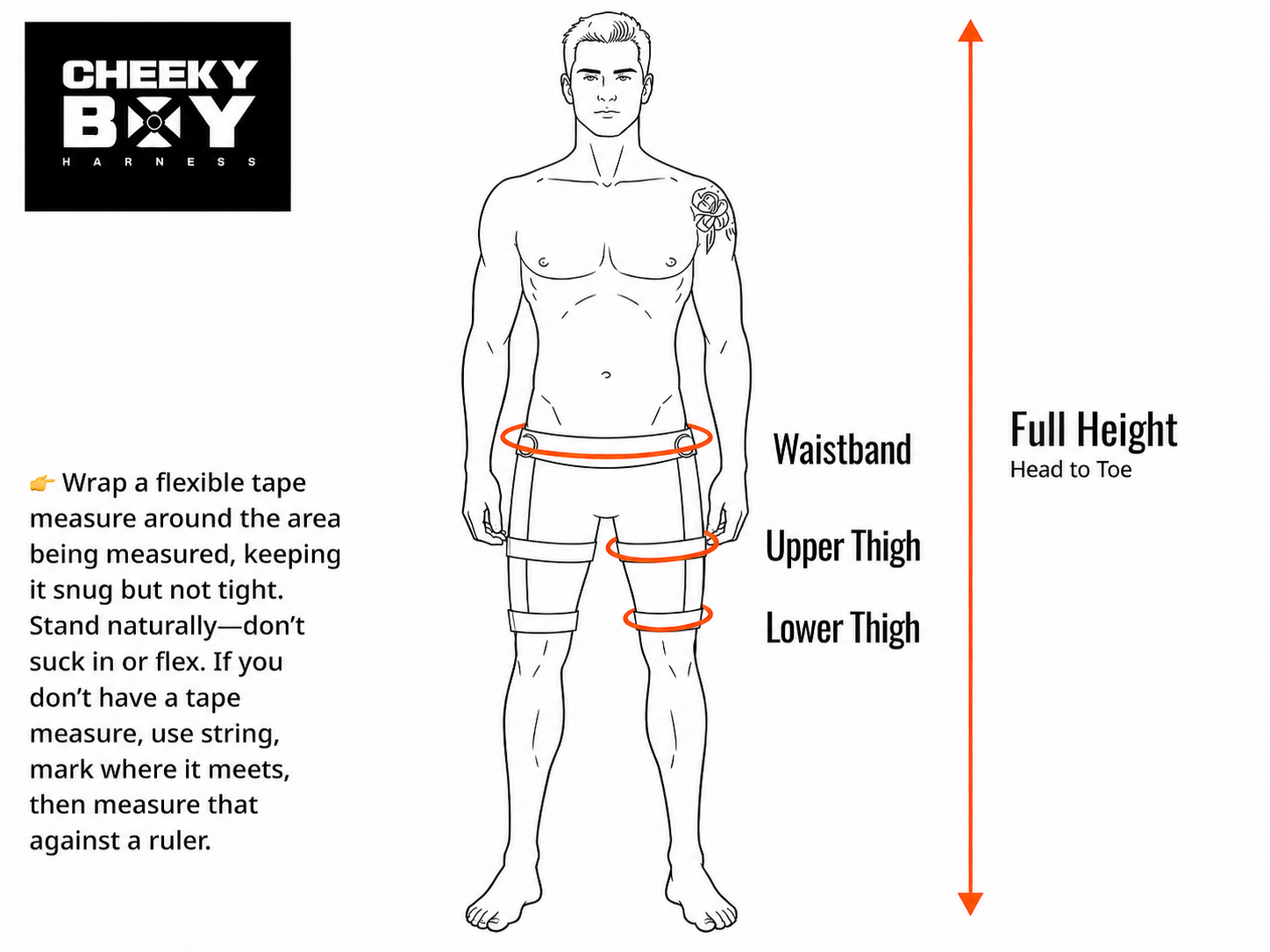 Measurement guide showing waistband, upper thigh, lower thigh and full head-to-toe height
