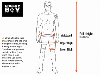 Measurement guide showing waistband, upper thigh, lower thigh and full head-to-toe height
