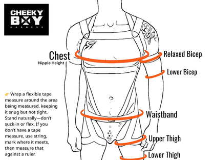 Made-to-measure diagram showing where to measure the chest, biceps, waistband, upper thighs and lower thighs for a custom-fit Harness.