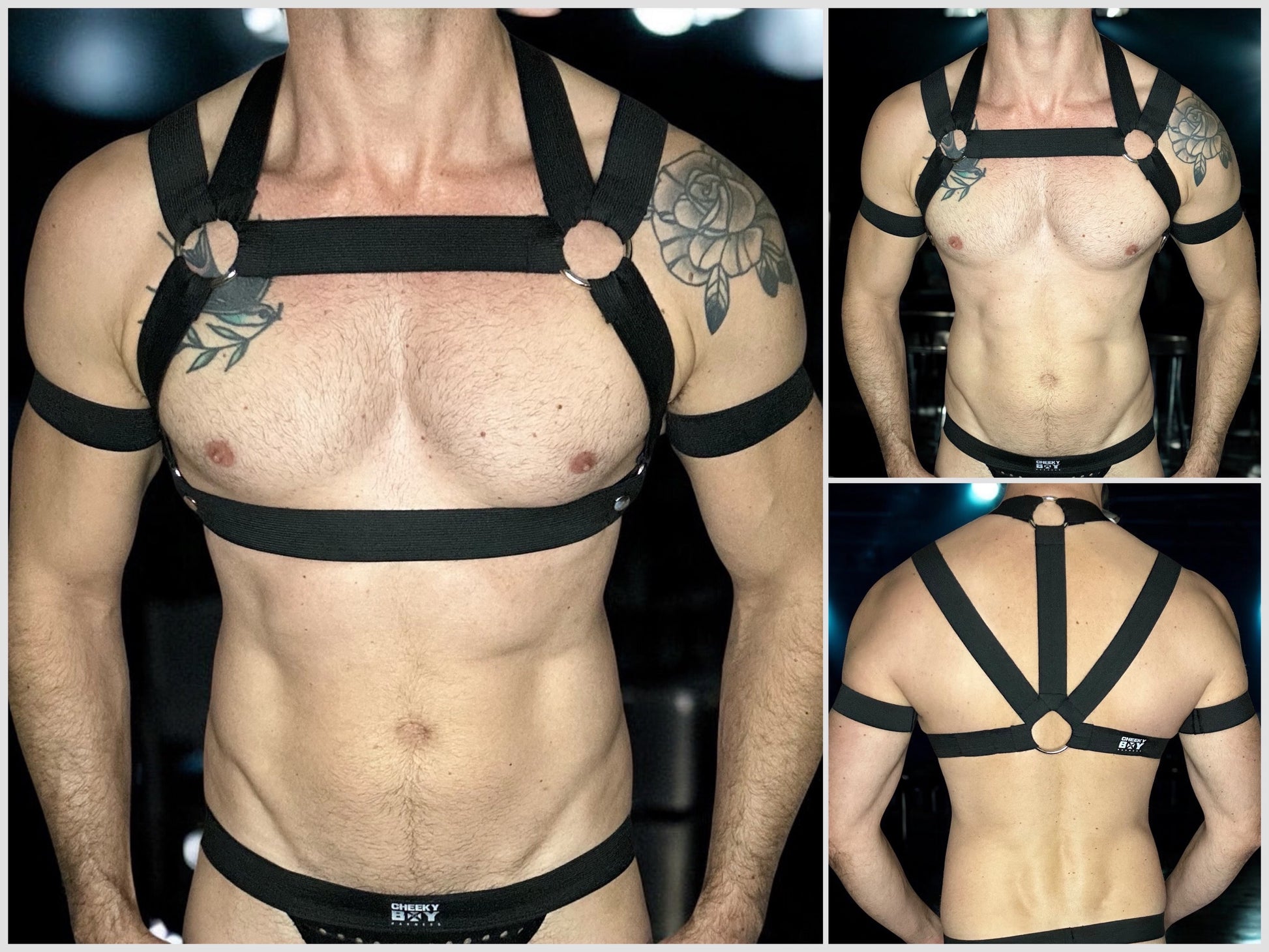 Three-view collage showing the black modular Chest Harness worn from the front and back with matching Bicep Bands and the lower body straps removed.