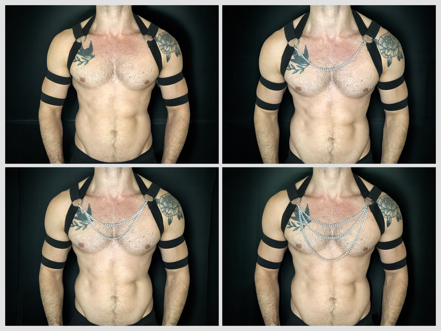 Made-to-measure black men's chest harness with silver chain loops by CheekyBoyHarness. Features stretchy elastic straps, metal rings, and 4 matching armbands. Perfect for pride events, festivals, raves, fetish events and clubwear.
