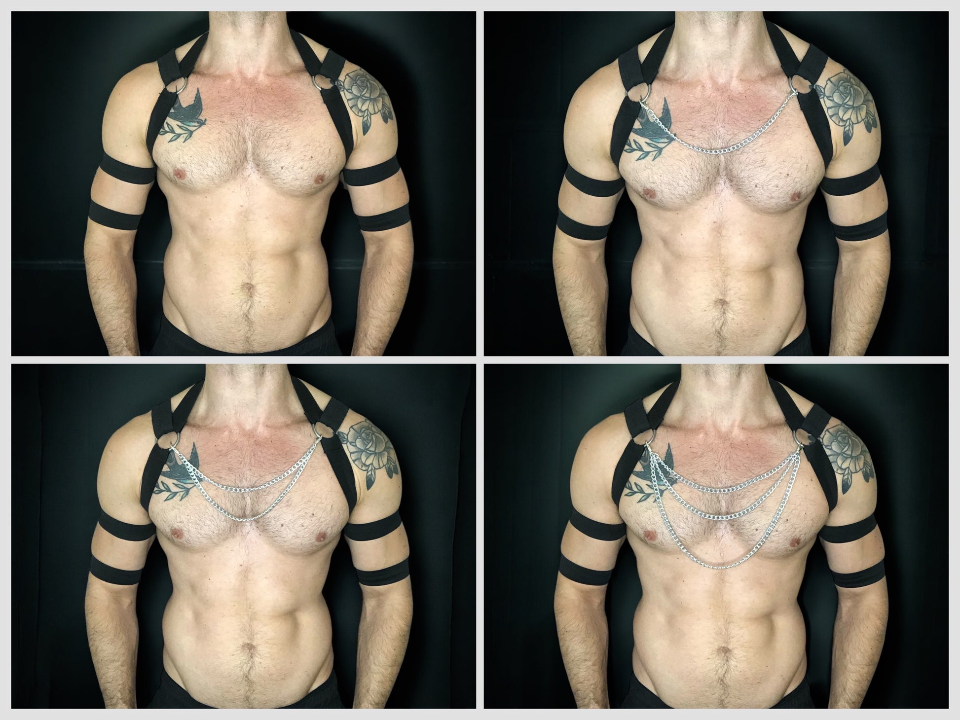 Made-to-measure black men's chest harness with silver chain loops by CheekyBoyHarness. Features stretchy elastic straps, metal rings, and 4 matching armbands. Perfect for pride events, festivals, raves, fetish events and clubwear.