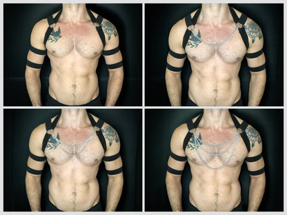 Made-to-measure black men's chest harness with silver chain loops by CheekyBoyHarness. Features stretchy elastic straps, metal rings, and 4 matching armbands. Perfect for pride events, festivals, raves, fetish events and clubwear.