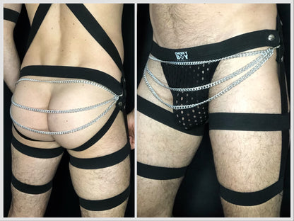 Men’s Full Body Interchangeable Harness with Jockstrap & Chains - Black