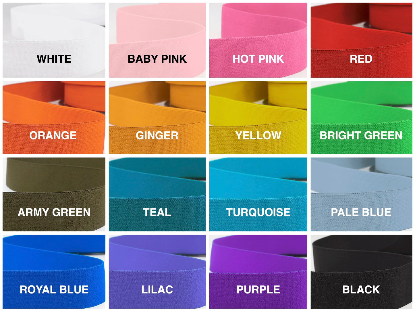 Colour chart showing the 16 available elastic colours, including white, pink, red, orange, yellow, green, blue, lilac, purple and black.