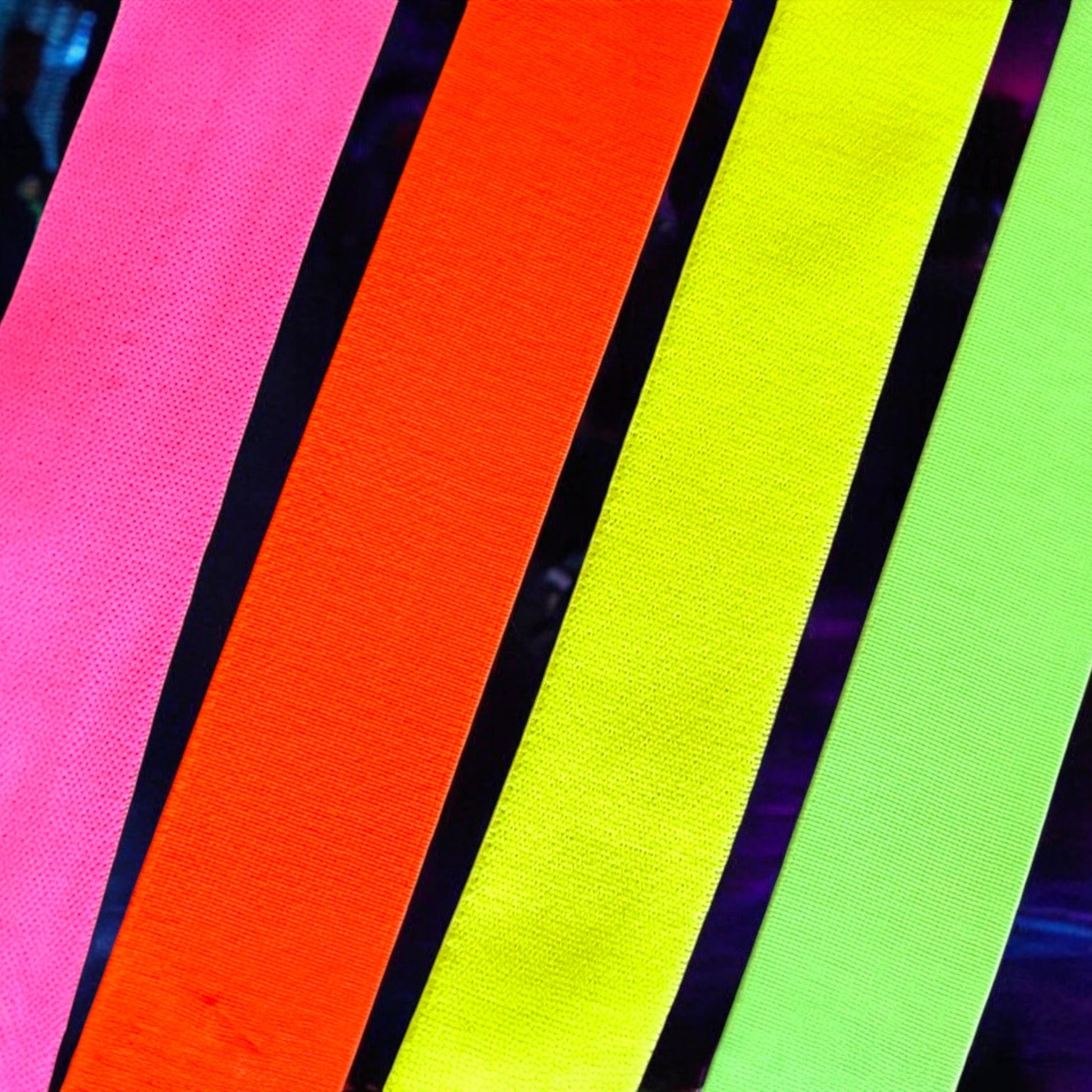 Close-up colour chart showing the four UV-reactive elastic accent choices: Neon Pink, Neon Orange, Neon Yellow and Neon Green.
