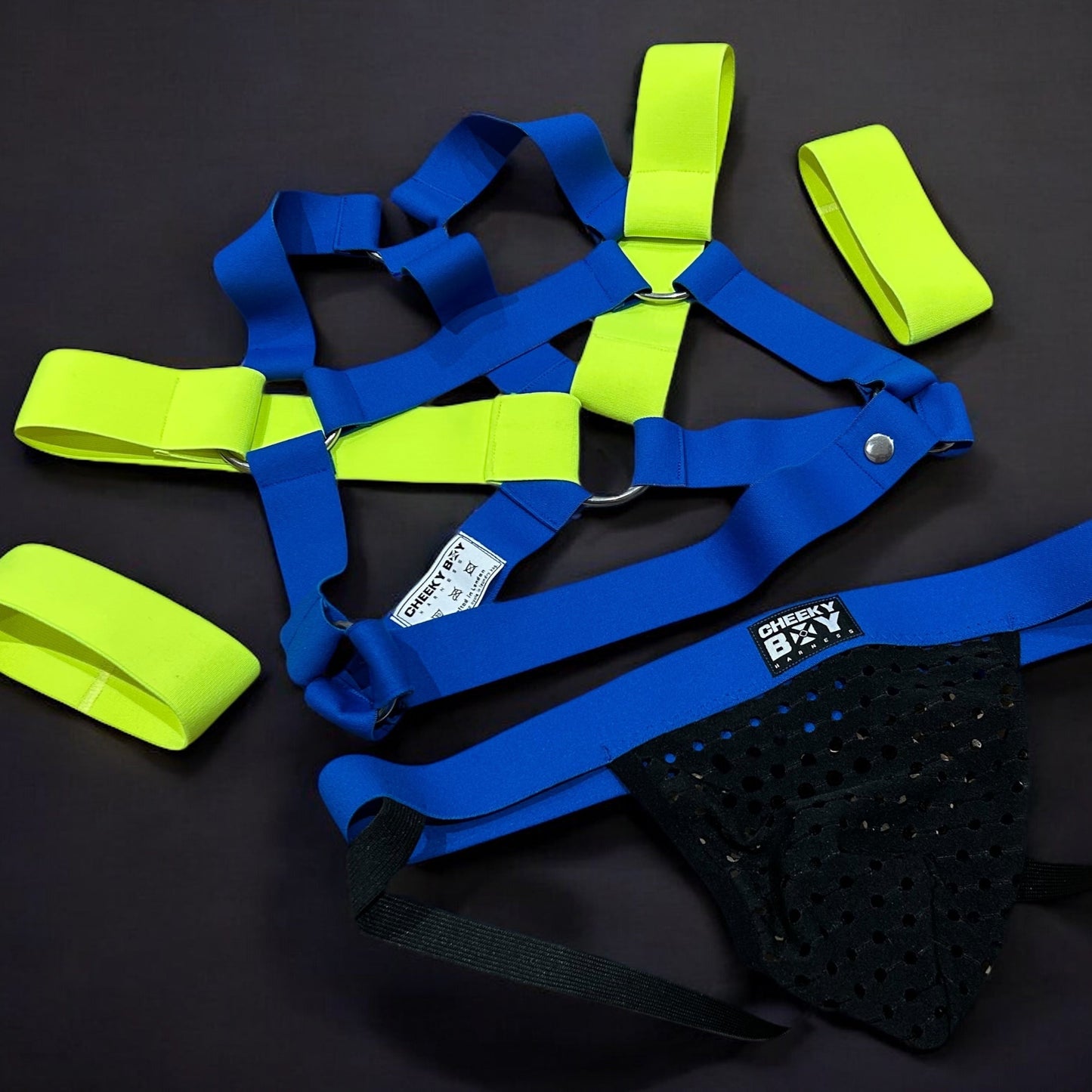 Mens Chest Harness with Bicep Bands - Teal & Neon Yellow Mix