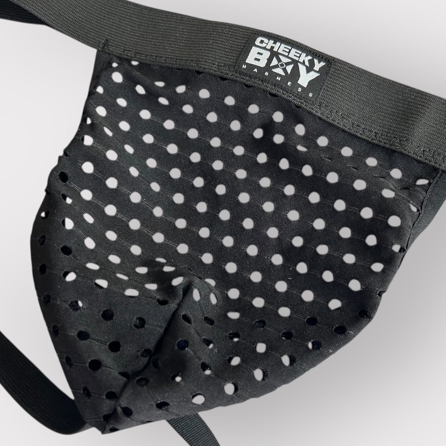 A man wearing a handmade, custom-fit black elastic full body harness with metal chain loops over chest. 4 bicep bands, and a black mesh jockstrap by Cheeky Boy Harness,