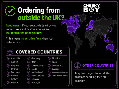 Import duties infographic explaining the countries where duties are included and where additional charges may apply on delivery.