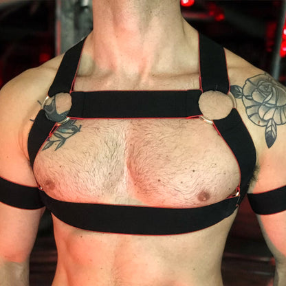 Men’s 4 Ring Chest Harness & Bicep Bands - Black with Colour Trim