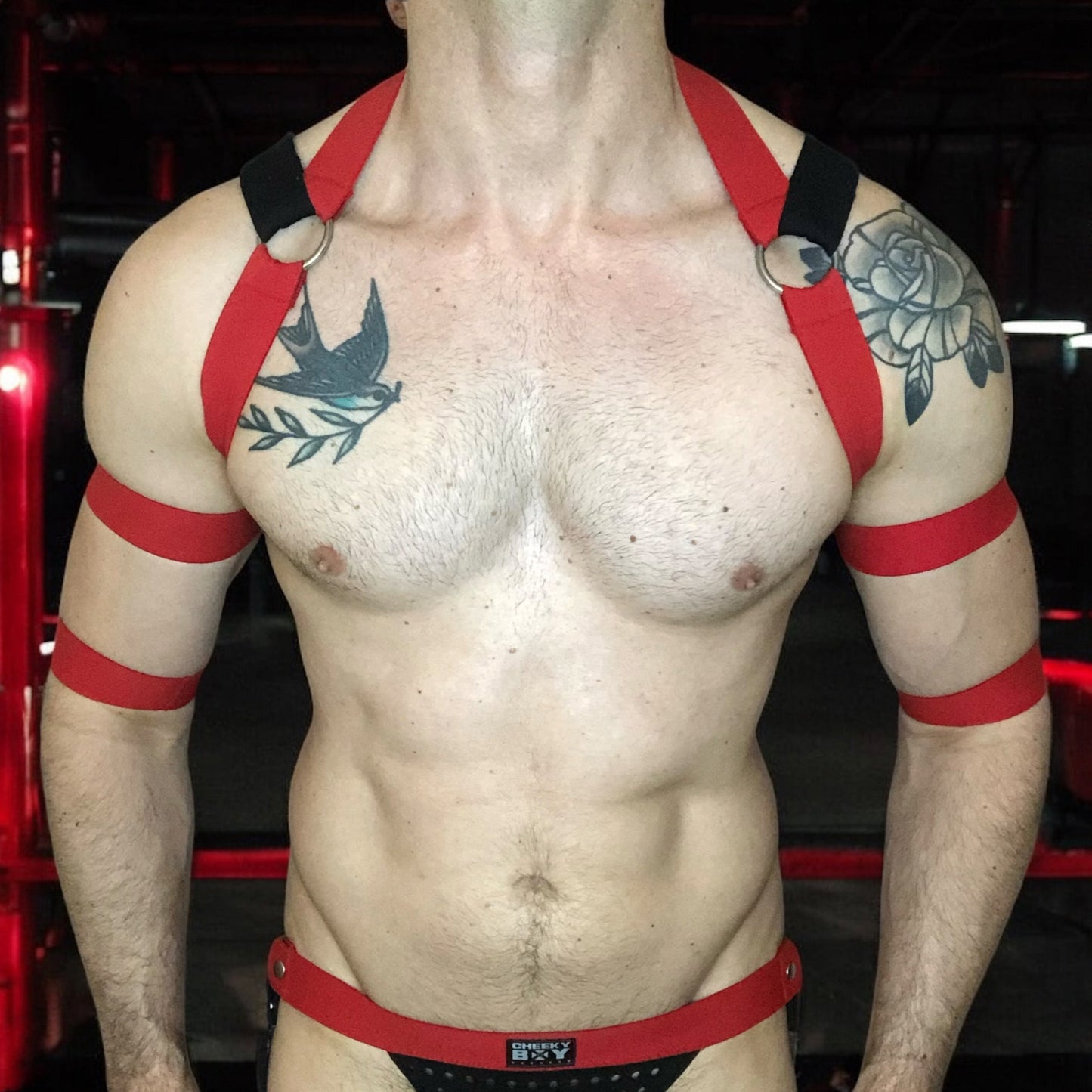 Model wearing a custom-fit black and red elastic chest harness with silver body chain detail, 4 matching bicep bands, and mesh jockstrap, photographed in a dark nightclub setting.
