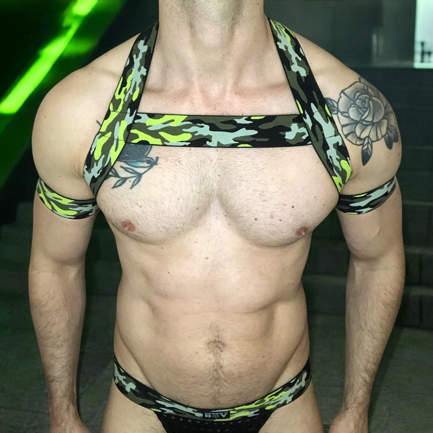 Mens Camo Chest Harness with Bicep Bands - Neon Green