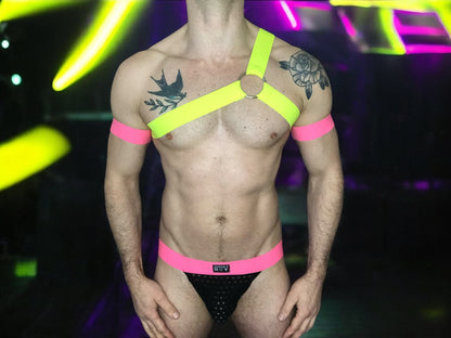 Mens Spartan Style Chest Harness with Bicep Bands - Neon Yellow