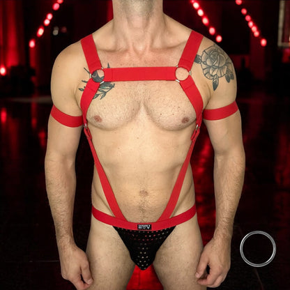 Mens Body Harness with 6 Rings & Bicep Bands - Red