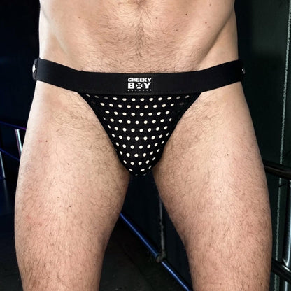 Front view of the optional black Mesh Jockstrap worn separately from the modular Full Body Harness.
