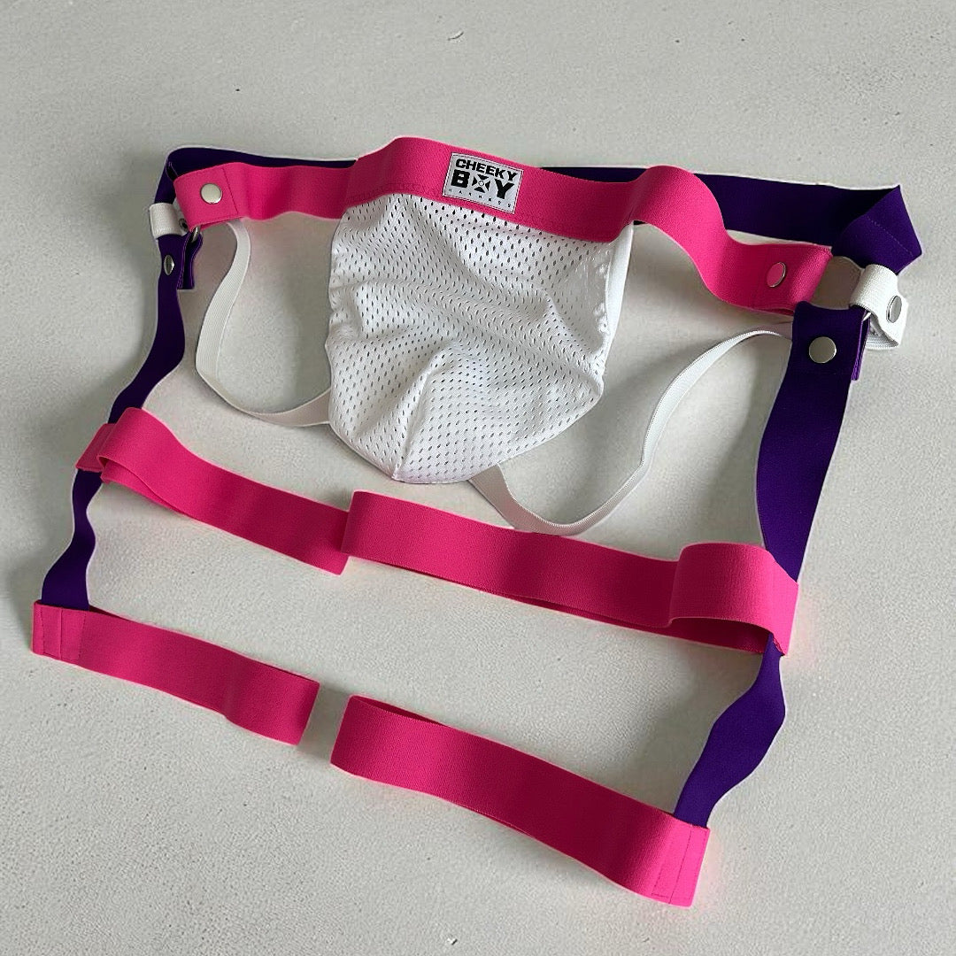 Double banded Thigh Strap Shorts in Pink & Purple with white mesh pouch by cheeky boy harness
