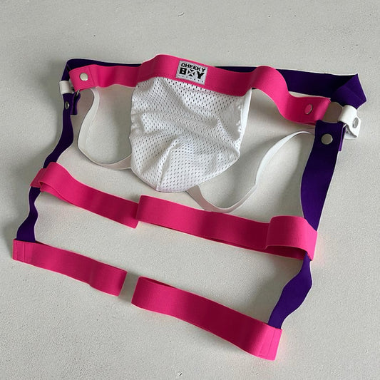 Double banded Thigh Strap Shorts in Pink & Purple with white mesh pouch by cheeky boy harness
