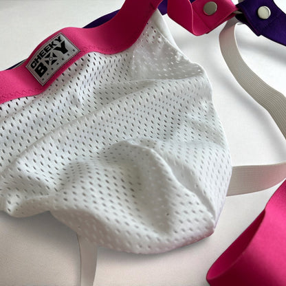 Double banded Thigh Strap Shorts in Pink & Purple with white mesh pouch by cheeky boy harness
