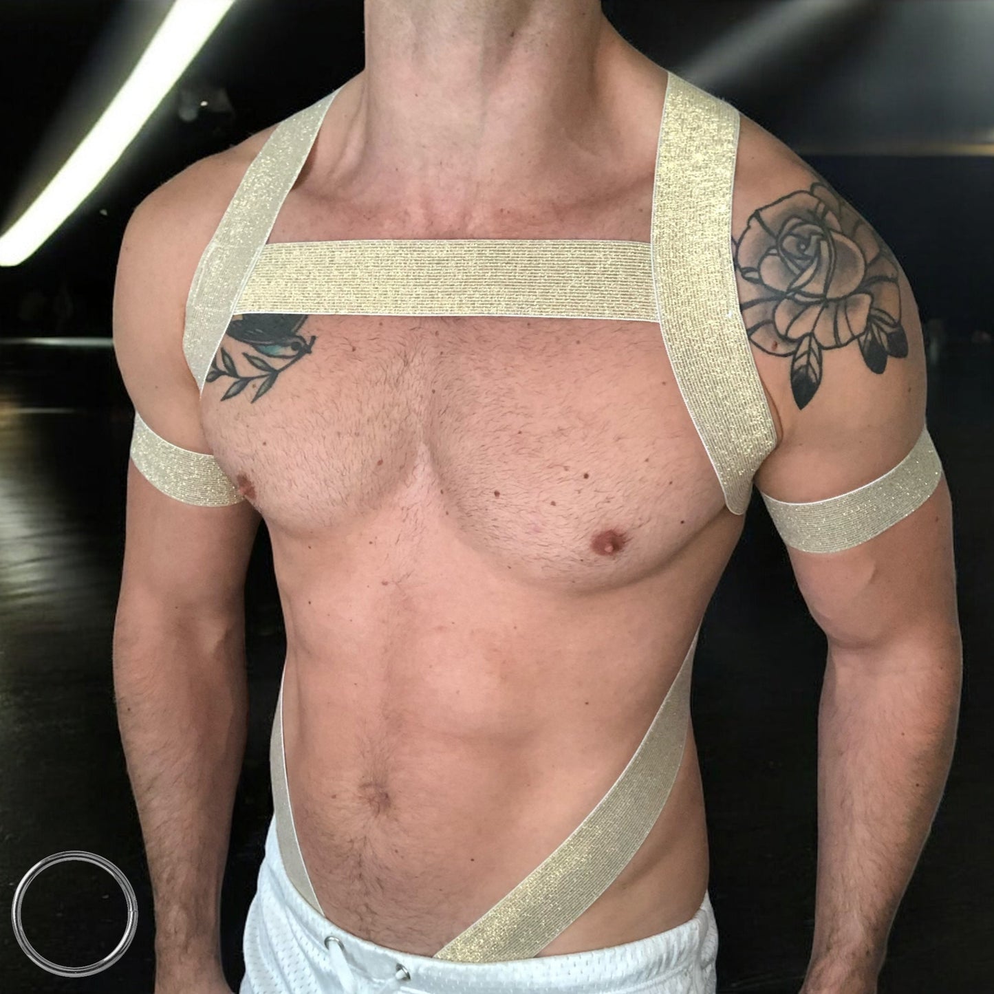Man wearing a gold elastic full body harness with metal cross over straps on back, metal chest ring, bicep bands, made by Cheeky Boy Harness