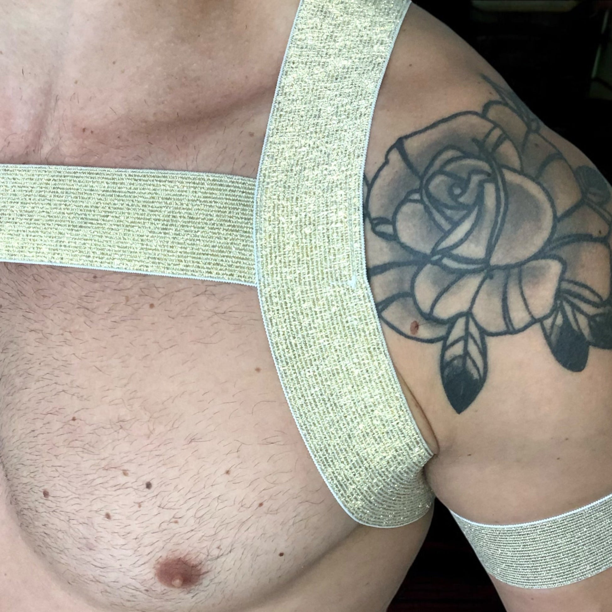 Man wearing a gold elastic full body harness with metal cross over straps on back, metal chest ring, bicep bands, made by Cheeky Boy Harness