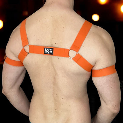 Man wearing a orange elastic chest harness with matching bicep bands and a black mesh jockstrap, posed in a nightclub setting, by Cheeky Boy Harness.