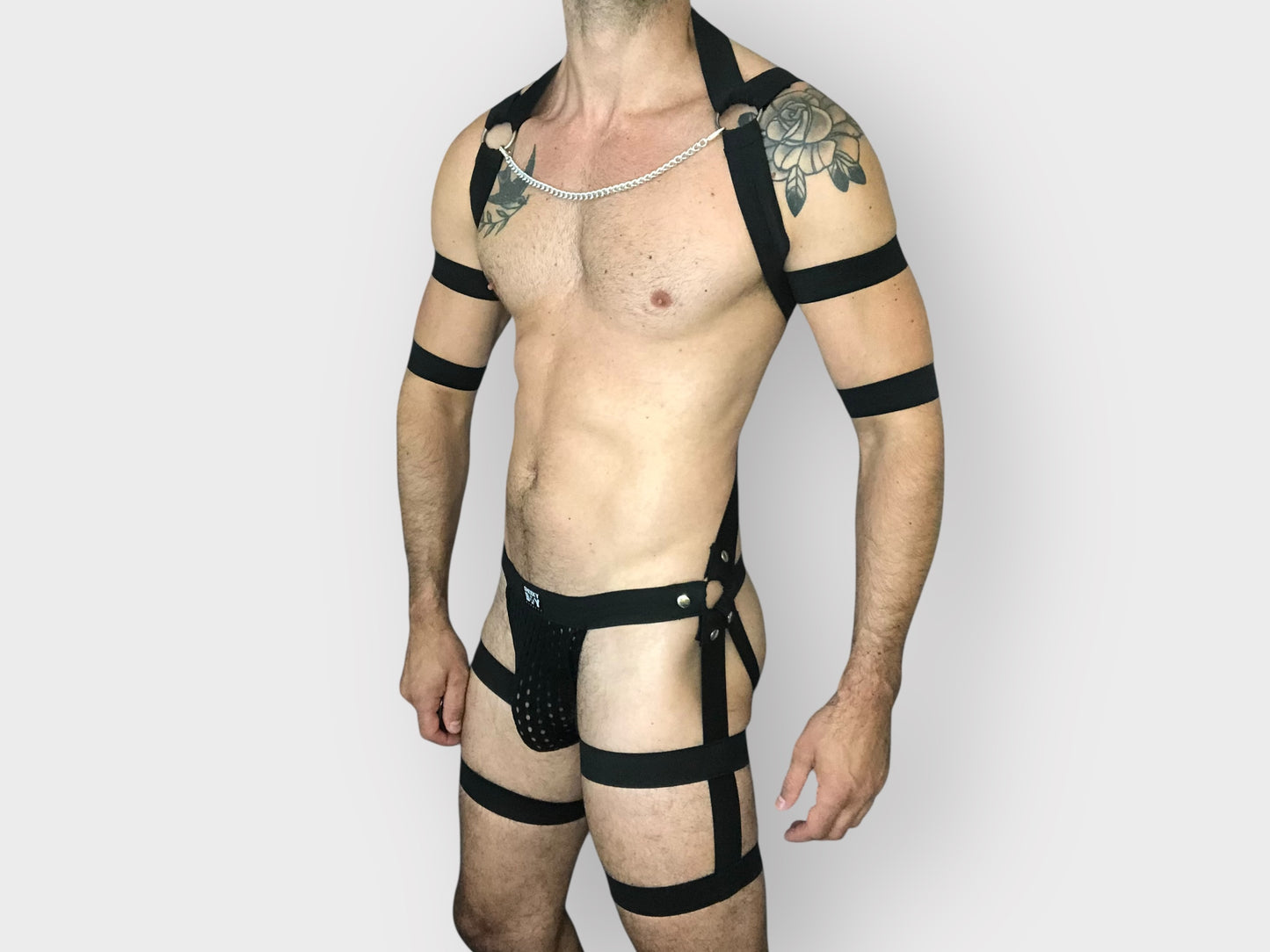 Men’s Full Body Interchangeable Harness with Jockstrap & Chains - Black