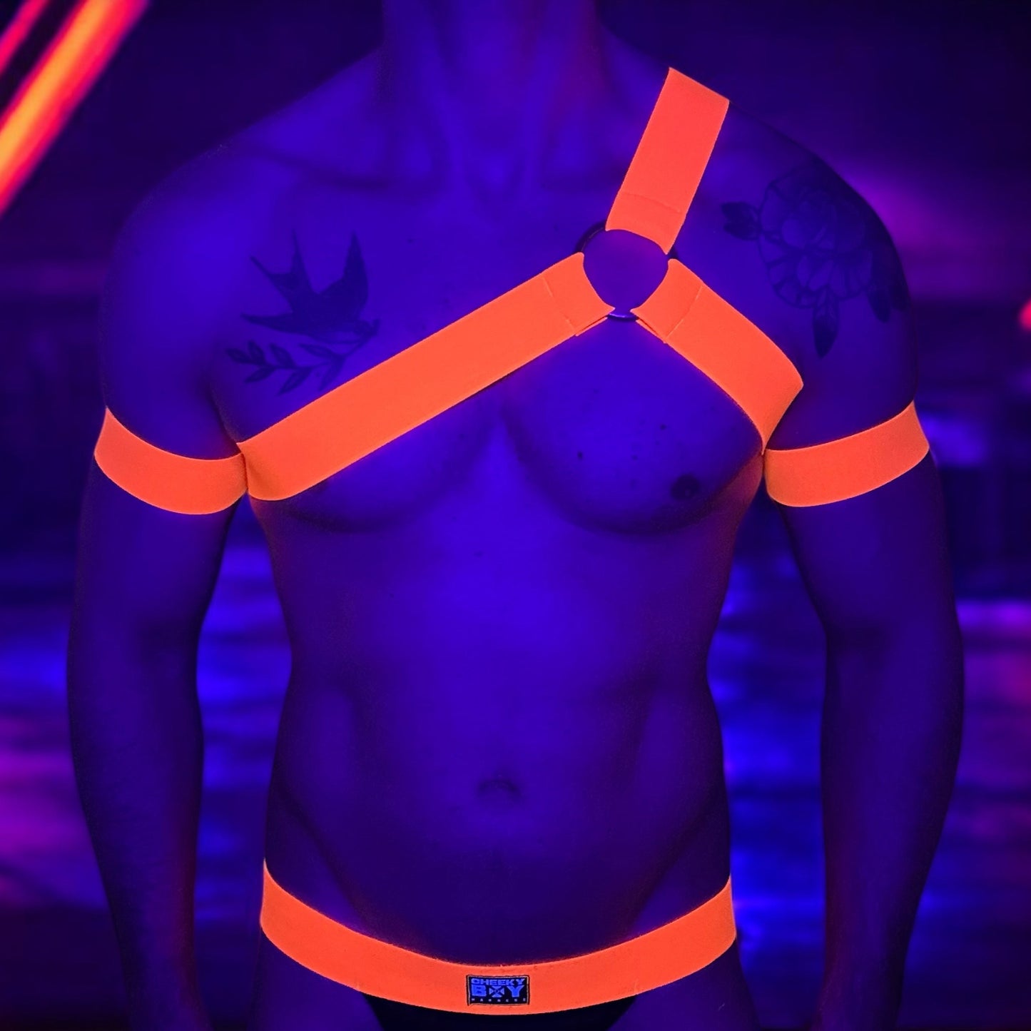 Mens Spartan Style Chest Harness with Bicep Bands - Neon Orange